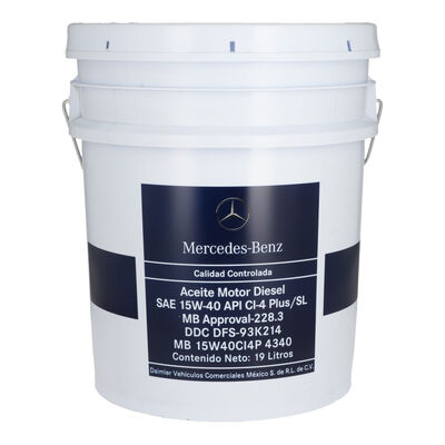 Aceite para motores di&eacute;sel SAE 15W-40 API CI-4 Plus/SL MB Approval-228.3 DDC DFS-93K214/Cubeta 19 litros, para Tractocami&oacute;n, Marca del producto: Mercedes-Benz, compatible con: Cascadia,N&uacute;mero de parte: MB15W40CI4P4340