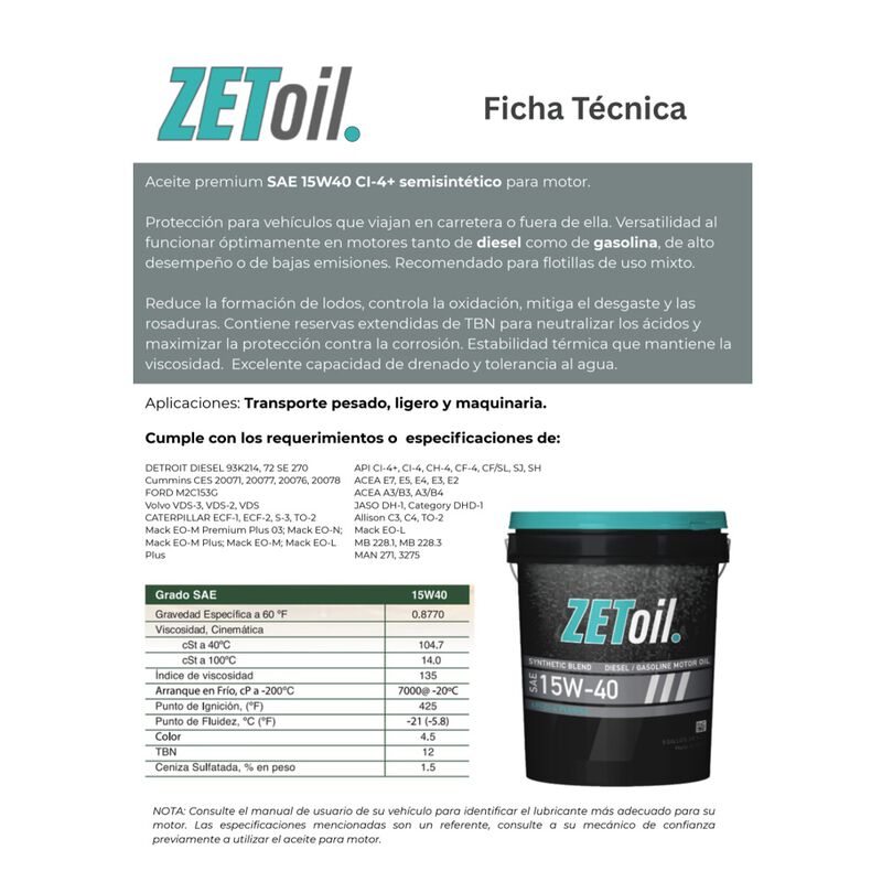 Aceite de motor semisint&eacute;tico 15W40 CI+4. para Tractocami&oacute;n. Marca del producto Zetoil, compatible con Cascadia, Columbia, etc., motores di&eacute;sel y gasolina image number null