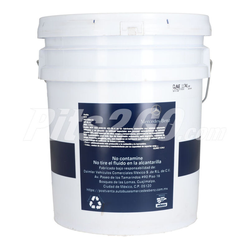 Aceite de transmisión SAE 80W90, cubeta de 19 litros. Marca Mercedes-Benz. Número de parte: MBA11741 image number null