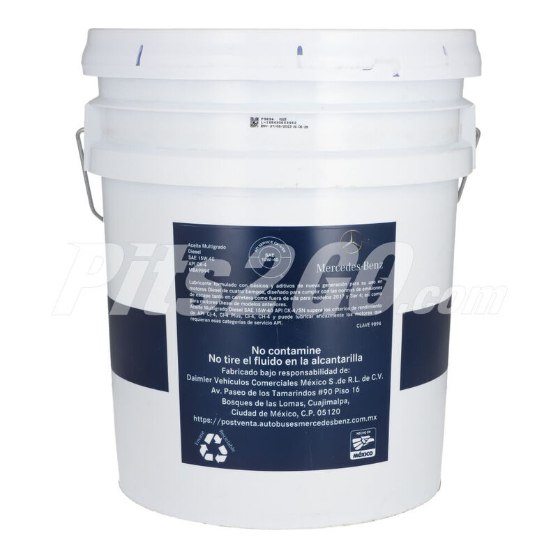 Aceite diésel SAE 15W40 Cubeta 19 litros, para Tractocamión, Marca del producto: Mercedes-Benz, compatible con: Cascadia,Número de parte: MBA9894 image number null