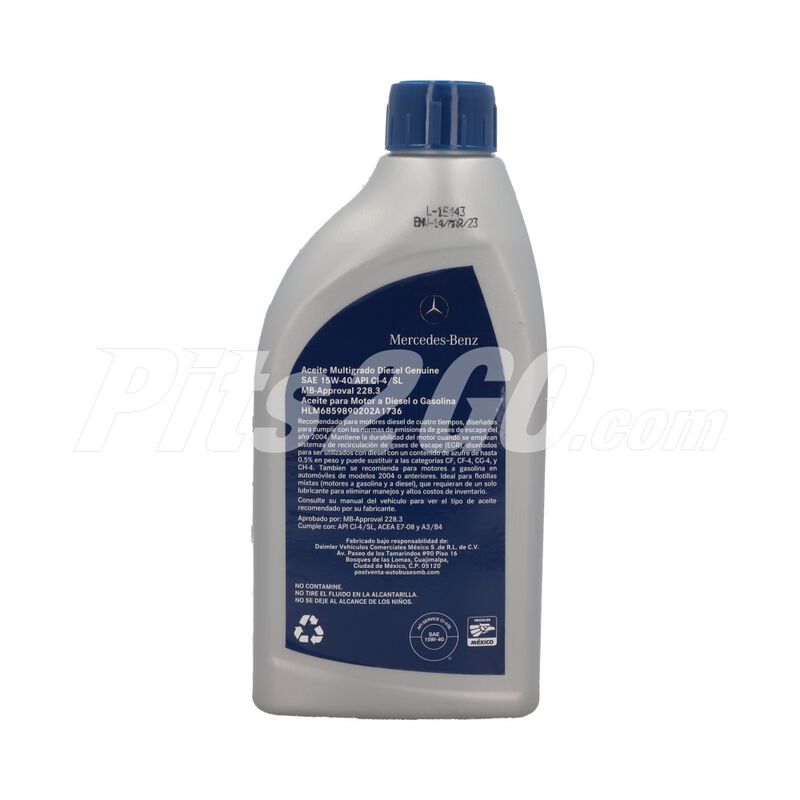 Aceite Multigrado Diesel Genuine para motores diésel o gasolina SAE 15W-40 API CI-4/ SL, 946 ml, para Tractocamión, Marca del producto: Mercedes-Benz, compatible con: Cascadia,Número de parte: HLM6859890202A1736 image number null