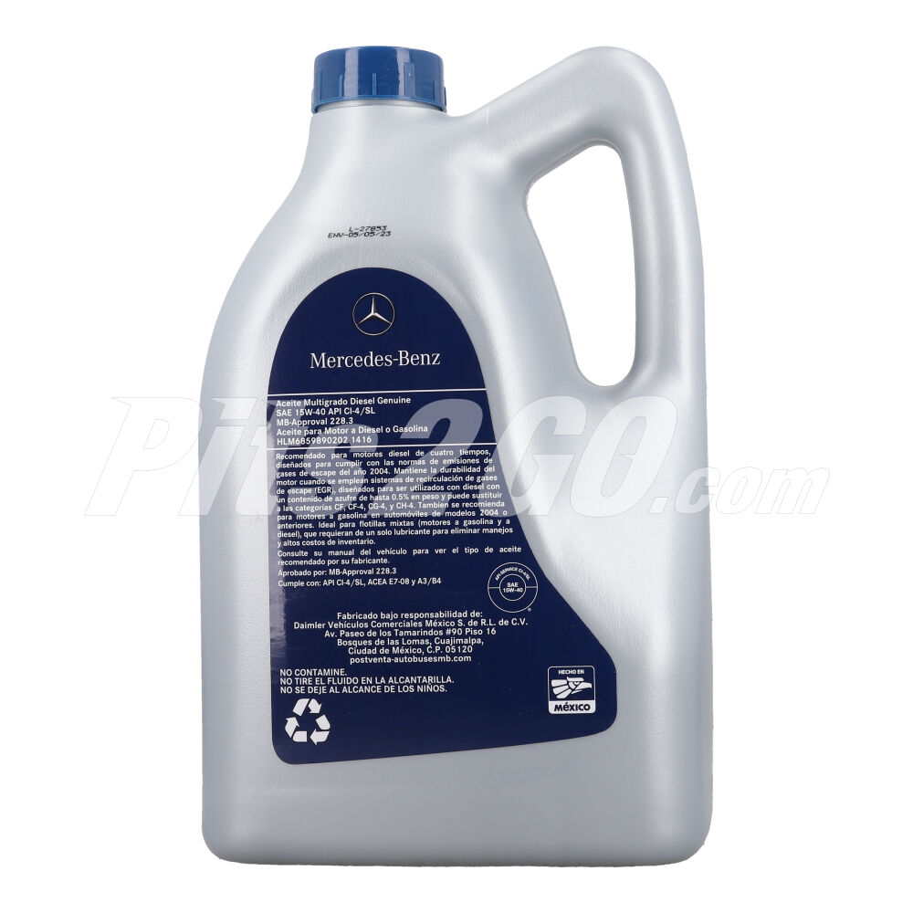 Aceite para motores a diésel o gasolina multigrado SAE 15W-40 API CA-4/SL, garrafa 5 litros image number 1