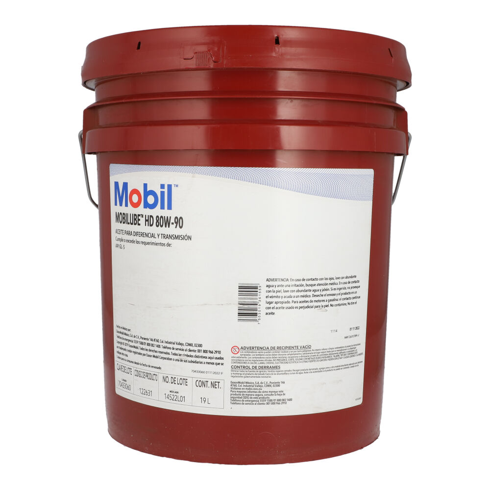 Aceite SAE 80W90 Cubeta 19 litros, para Tractocamión, Marca del producto: Mobil Delvac, compatible con: Cascadia,Número de parte: MBL122631
