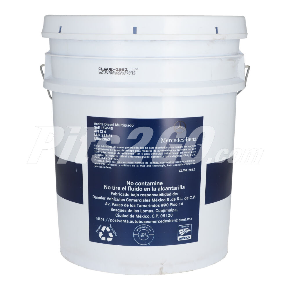 Aceite para motores diésel multigrado SAE 15W40 Cubeta 19 litros, para Tractocamión, Marca del producto: Mercedes-Benz, compatible con: Cascadia,Número de parte: MBA2862 image number 3
