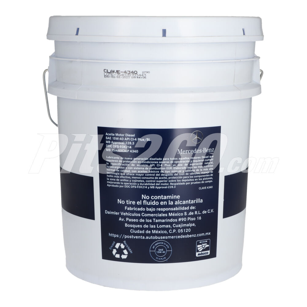 Aceite para motores diésel SAE 15W-40 API CI-4 Plus/SL MB Approval-228.3 DDC DFS-93K214, cubeta 19 litros image number 3