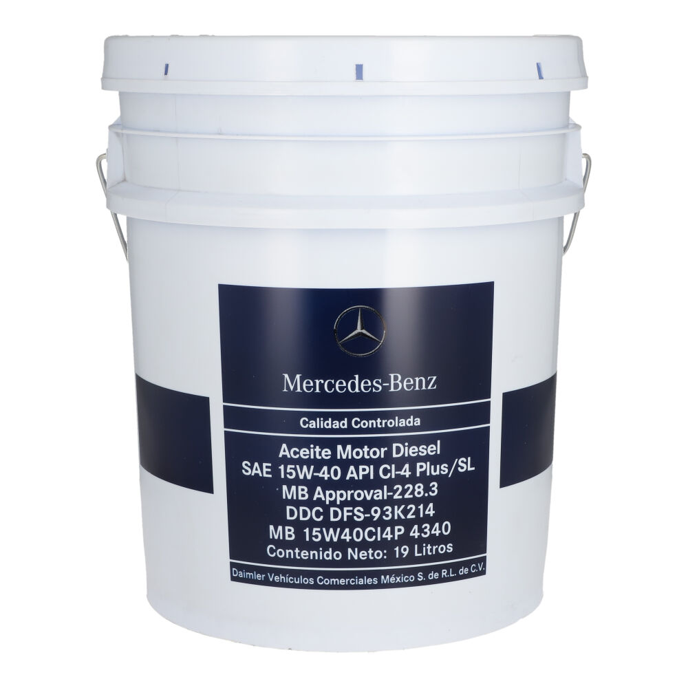 Aceite para motores diésel SAE 15W-40 API CI-4 Plus/SL MB Approval-228.3 DDC DFS-93K214/Cubeta 19 litros, para Tractocamión, Marca del producto: Mercedes-Benz, compatible con: Cascadia,Número de parte: MB15W40CI4P4340