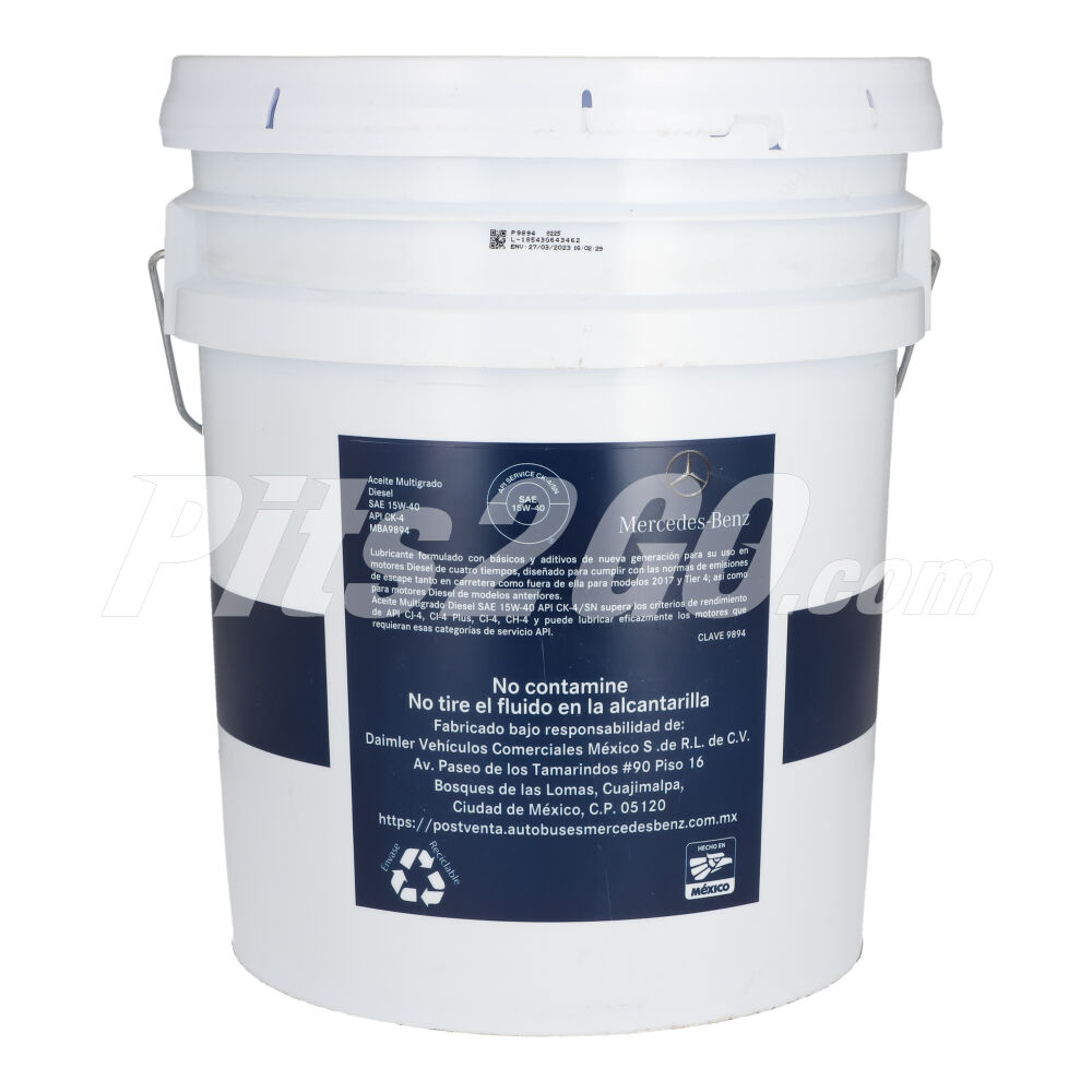Aceite diésel SAE 15W40 Cubeta 19 litros, para Tractocamión, Marca del producto: Mercedes-Benz, compatible con: Cascadia,Número de parte: MBA9894 image number 3